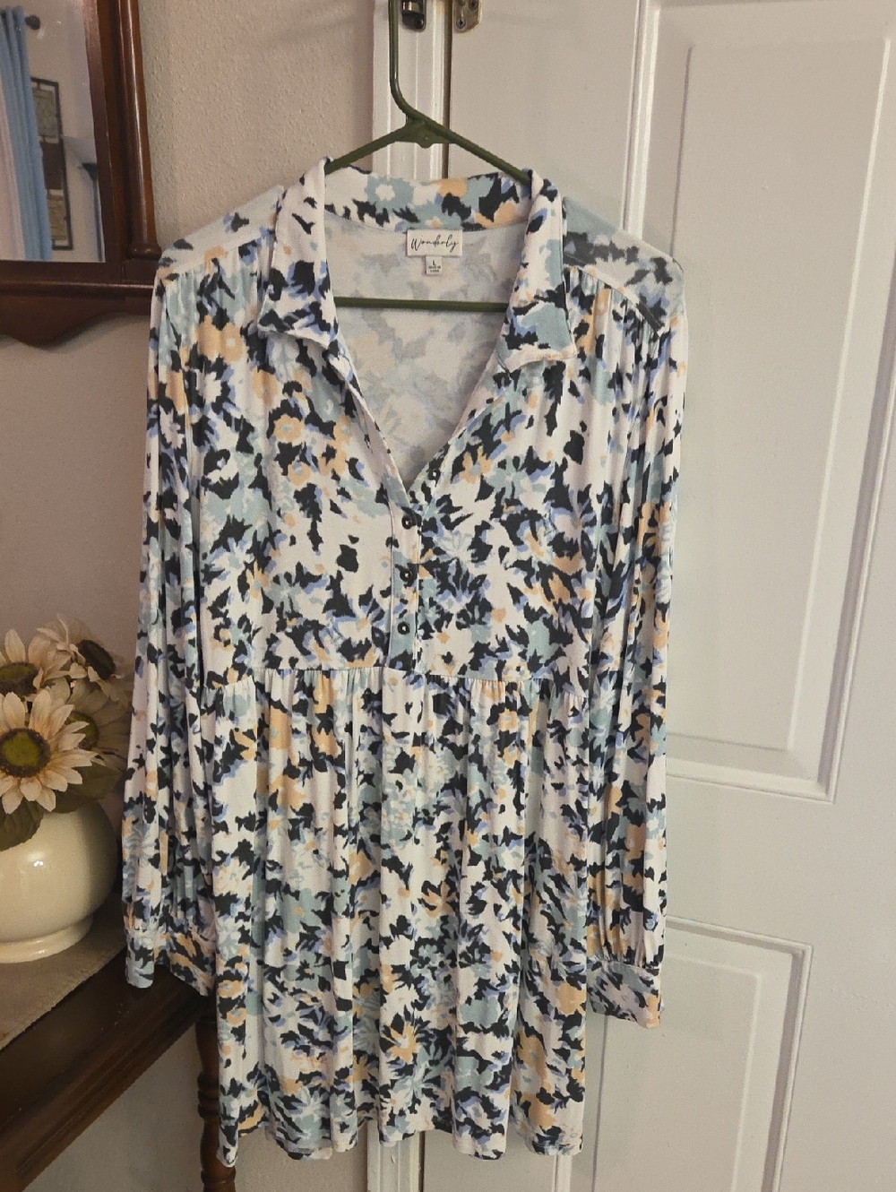 Wonderly Pastel Floral Button-Front Dress in Blue, Navy & Cream